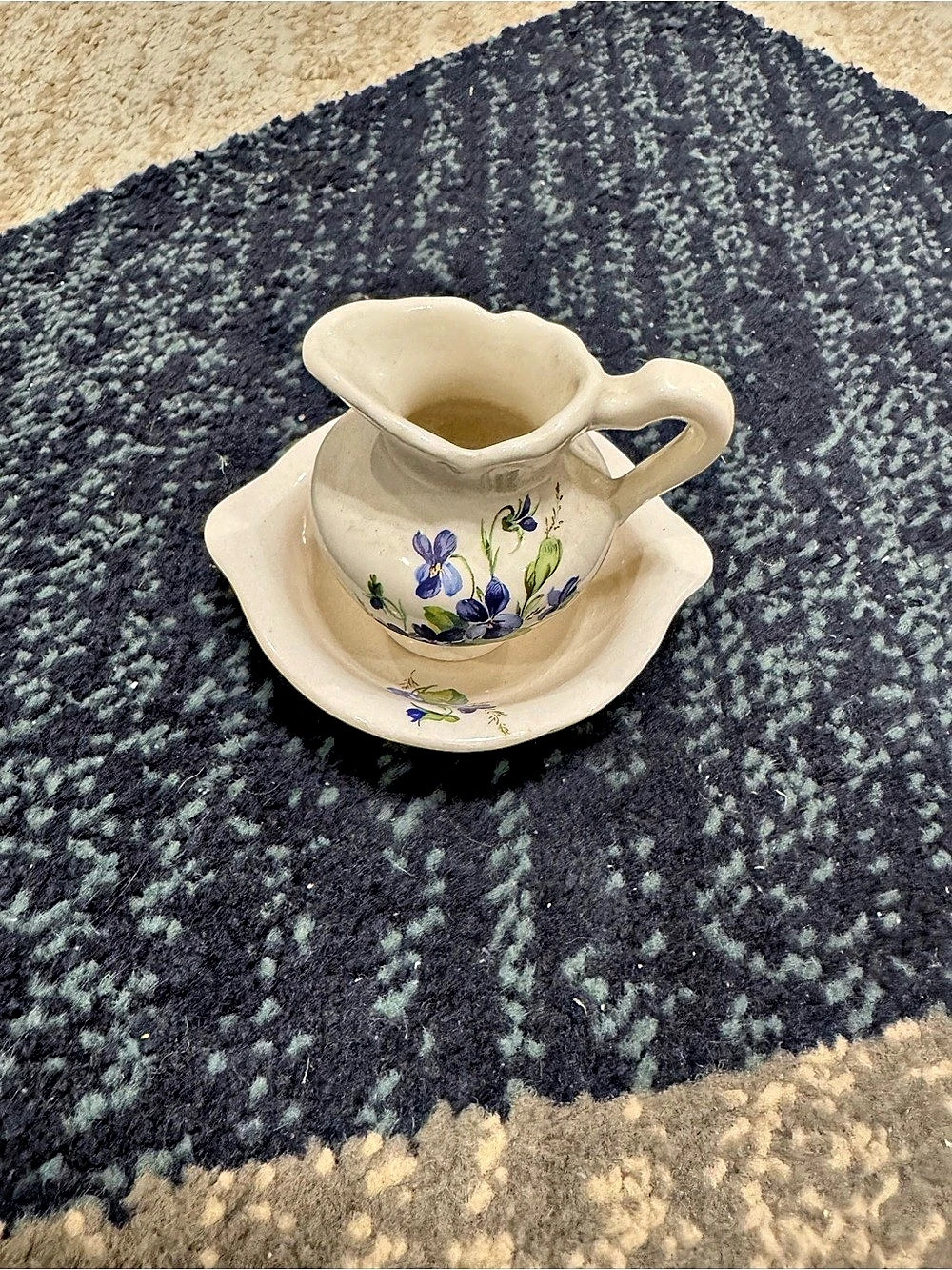 Tiny Floral Creamer & Saucer in White & Blue